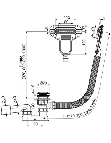 Сифон для ванны Alcaplast A516CKM, с плоским переливом, Click-Clack,57 мм