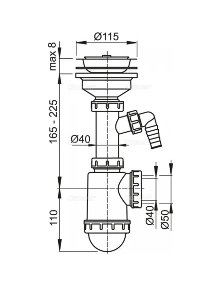 Сифон для кухонной мойки Alcaplast A446-DN50/40, с нержавеющей решеткой DN115