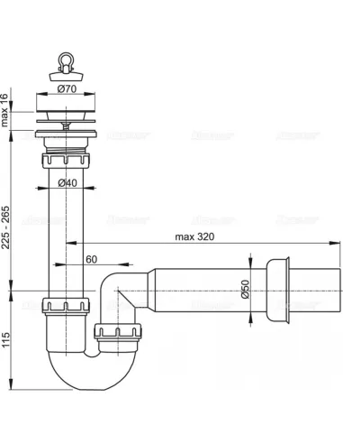Сифон для кухонной мойки Alcaplast A800-DN40, трубчатый с нержавеющей peшeткой DN70