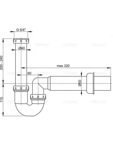 Сифон для кухонной мойки Alcaplast A80-DN50, трубчатый с накидной гайкой 6/4 дюйма