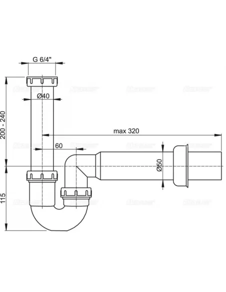Сифон для кухонной мойки Alcaplast A80-DN50, трубчатый с накидной гайкой 6/4 дюйма