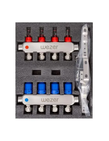 Коллектор для теплого пола Wezer DWZ01-04 на 4 контура 1 дюйм, с расходомерами и евроконусами