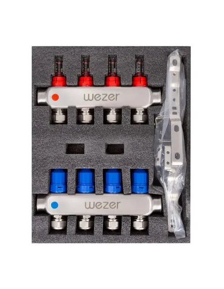 Колектор для теплої підлоги Wezer DWZ01-04 на 4 контури 1 дюйм, з витратомірами та євроконусами