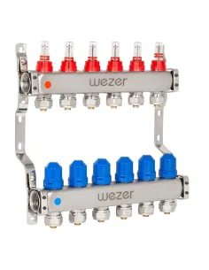 Коллектор для теплого пола Wezer DWZ01-06 на 6 контуров 1 дюйм, с расходомерами и евроконусами