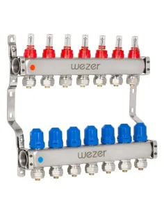 Коллектор для теплого пола Wezer DWZ01-07 на 7 контуров 1 дюйм, с расходомерами и евроконусами