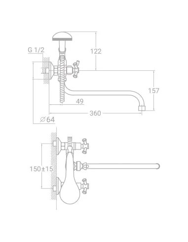 Смеситель для ванны Tau VN-5C460C (гусак изогнутый, дивертор встроенный шаровый) - 2