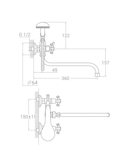 Смеситель для ванны Tau VN-5C460C (гусак изогнутый, дивертор встроенный шаровый) - 2