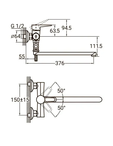 Змішувач для ванни Aquatica HL-3C230C 350 мм, дивертор виносний картриджний - 5
