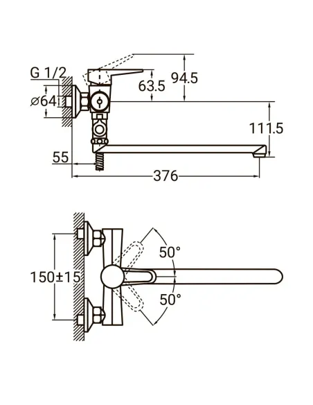 Змішувач для ванни Aquatica HL-3C230C 350 мм, дивертор виносний картриджний - 5