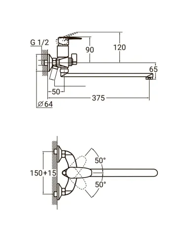 Смеситель для ванны Aquatica KN-2C228C (350 мм, дивертор встроенный картриджный) - 5