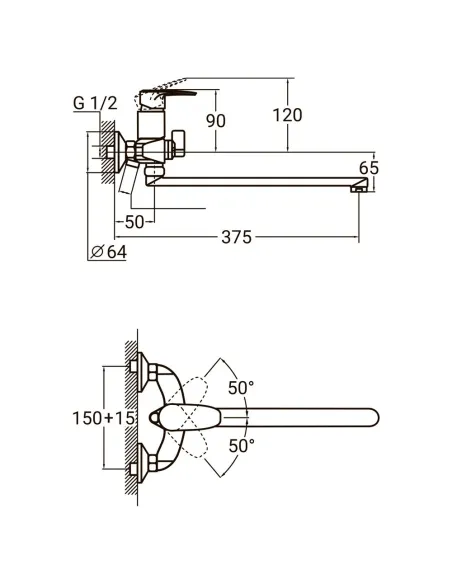 Смеситель для ванны Aquatica KN-2C228C (350 мм, дивертор встроенный картриджный) - 5