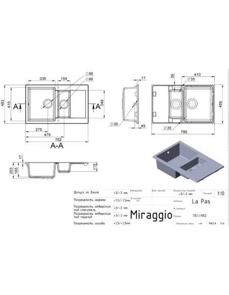 Мойка кухонная каменная прямоугольная Miraggio La Pas Gray, 786x489x203 мм - 2