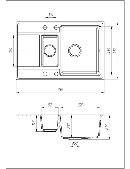 Мийка кухонна кам`яна прямокутна Romzha Jorum 78D Avena 501, 780x500x217 мм - 4