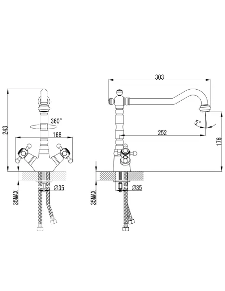 Змішувач для кухні Corso Brenta FE-5B252K, Г-вилив, латунь, бронза - 6 Змішувач для кухні Corso Brenta FE-5B252K, Г-вилив, латунь, бронза - 6