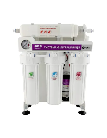 Фильтр обратного осмоса Raifil 300G 3/8, высокопроизводительный, 5 ступеней очистки, с помпой, с манометром - 1