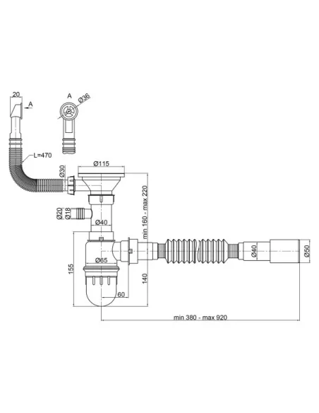 Сифон для кухонной мойки Lidz GRA 47 01 003 01 с круглим переливом, выход 50/40мм - 3