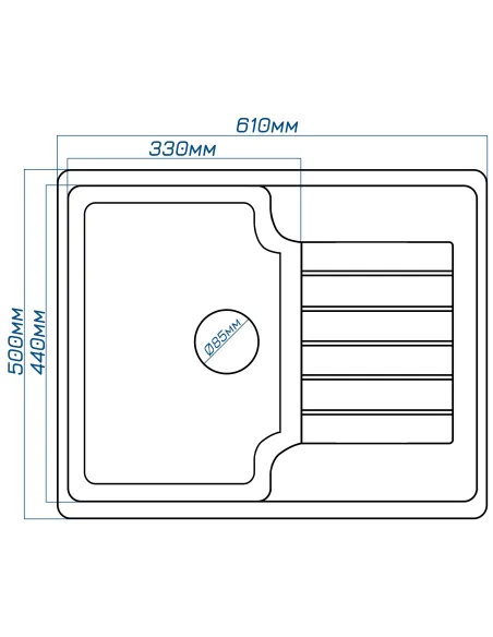 Мойка кухонная каменная прямоугольная Romzha Klasicky 61 Antracit 902, 610х500х200 мм - 2