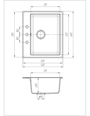 Мойка кухонная каменная квадратная Romzha Patrat Gri 802, 590х510х200 мм - 2