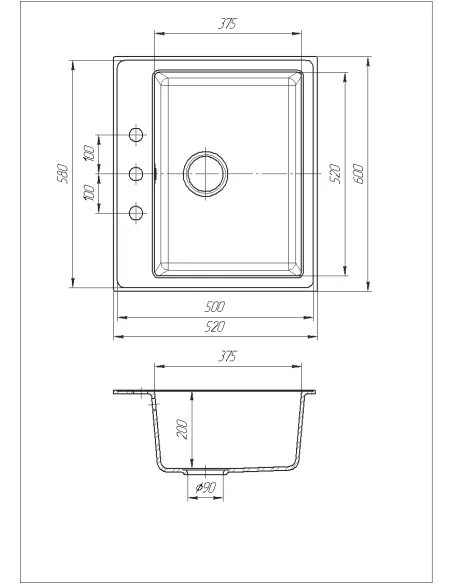 Мойка кухонная каменная квадратная Romzha Pătrat Antracit 901, 600x520x200 мм - 6