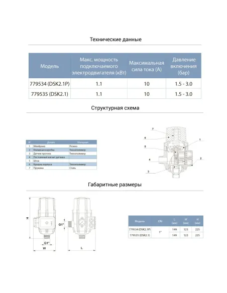 Электронное реле давления Aquatica 779535 DSK2.1, 1.1 кВт, 1.5-3.0 bar - 2