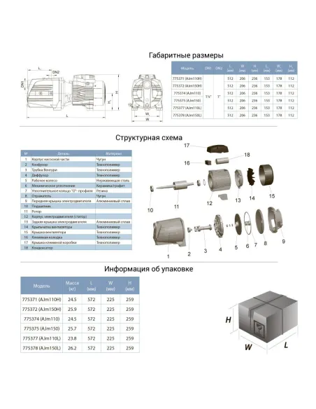 Поверхностный насос центробежный Leo 775372 AJm150H 1.5кВт, самовсасывающий - 2