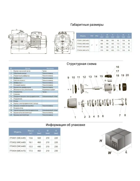 Поверхностный насос центробежный Leo 775433 3ACm60, 0.6кВт  многоступенчатый - 2