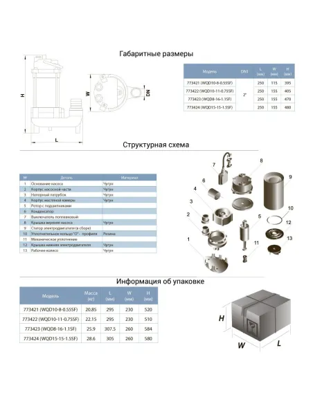 Фекальний насос Aquatica 773421 WQD10-8-0,55SF - 2