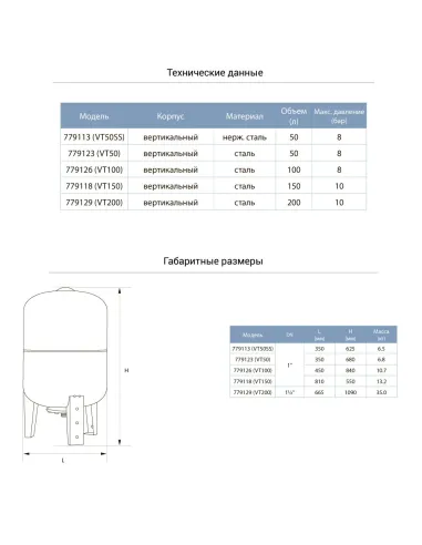 Гидроаккумулятор для воды Aquatica 779123 VT50 вертикальный, 50 литров - 2