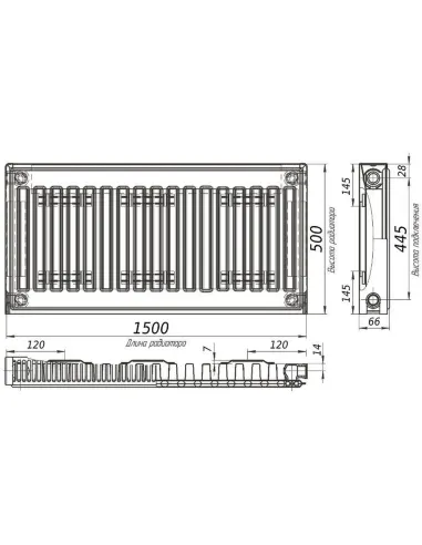 Радиатор стальной Kalde 500x1500 мм (11 тип, боковой, 1672 Вт) - 2