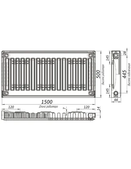 Радиатор стальной Kalde 500x1500 мм (11 тип, боковой, 1672 Вт) - 2