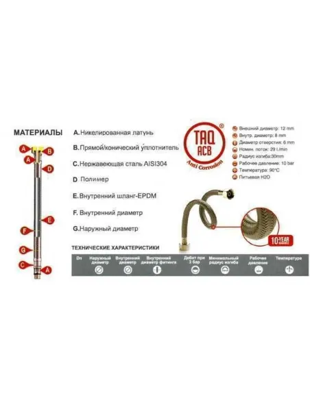 Шланг водяной Tucai 204463 1/2х1/2 BВ, 0,2 м, антикоррозийный - 3