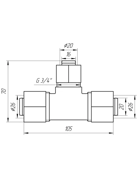 Тройник для металлопластиковой трубы Ape Italy 731 L 26х20х26 промежуточный, металл - 3