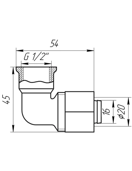 Уголок для металлопластиковой трубы Ape Italy 755 L 1/2х20 с внутренней резьбой, металл - 3