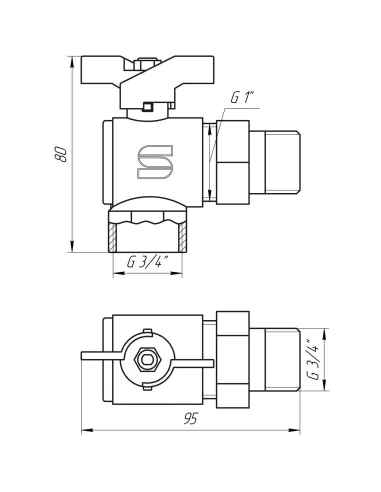 Кран шаровий Selba SL 1543 3/4 кб (з американкою, кутовий) - 3