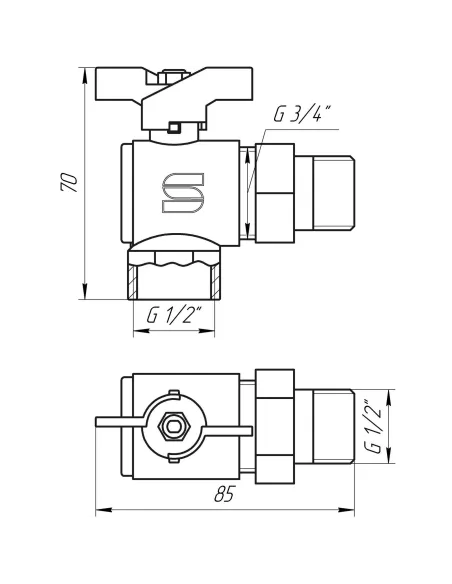 Кран шаровой Selba SL 1543 1/2 кб, с американкой, угловой - 3