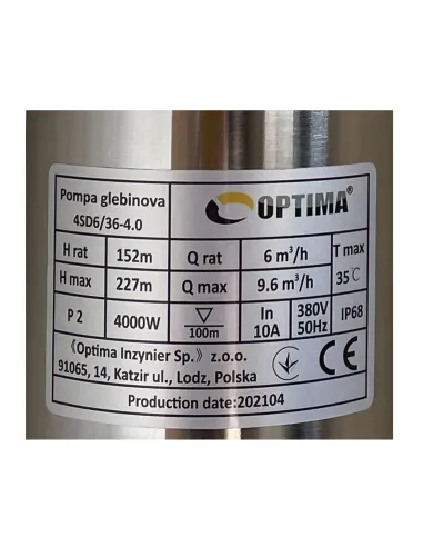 Промышленный глубинный насос Optima 4SD 6/36 4 кВт, кабель 15 метров, трехфазный - 3