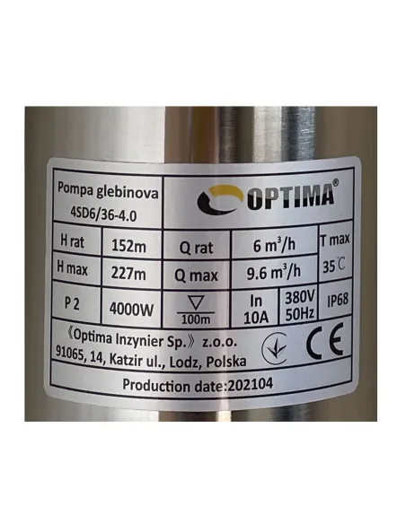 Промышленный глубинный насос Optima 4SD 6/36 4 кВт, кабель 15 метров, трехфазный - 3