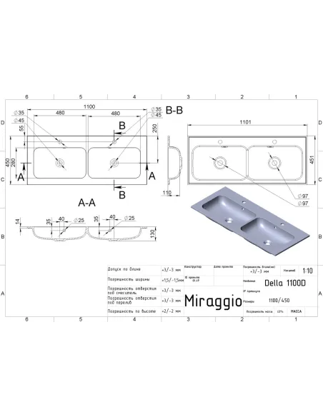 Умывальник для ванной Miraggio Della 1100 Double Mirasoft, две чаши, 451х1101х134 мм - 2 Умывальник для ванной Miraggio Della 1100 Double Mirasoft, две чаши, 451х1101х134 мм - 2