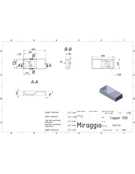 Умивальник для ванної Miraggio Copper 500 Mirastone Gray, 220х500х100 мм - 2