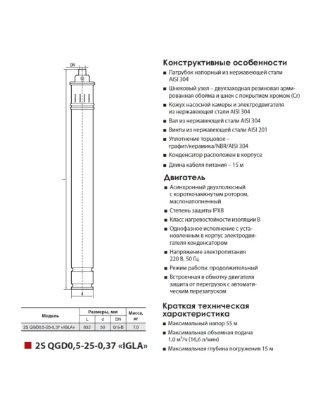 Шнековий свердловинний насос NPO 2S QGD 0.5-25-0.37 Igla 0.5 кВт, кабель 15 метрів - 2