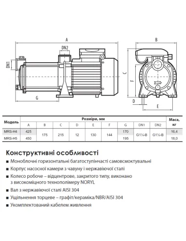 Центробежный поверхностный насос NPO MRS-H4 1.25 кВт, многоступенчатый - 2