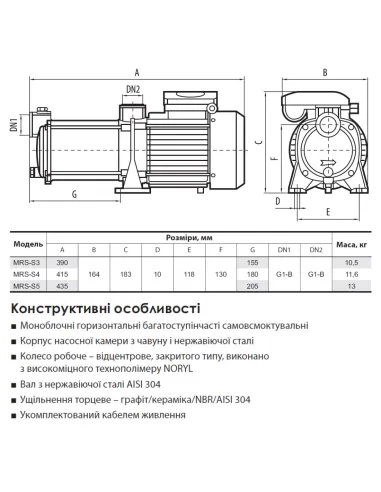 Відцентровий поверхневий насос NPO MRS-S4 0.95 кВт, багатоступінчастий - 2