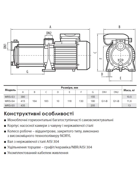 Відцентровий поверхневий насос NPO MRS-S4 0.95 кВт, багатоступінчастий - 2