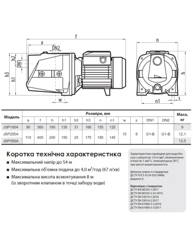 Відцентровий поверхневий насос NPO JSP 255A 1 кВт - 2