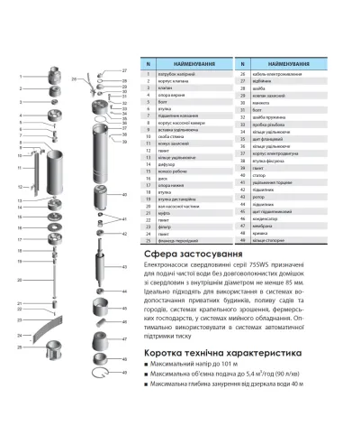 Відцентровий свердловинний насос NPO 75SWS 3-30-0,37 1.38 кВт, кабель 2 метри - 2