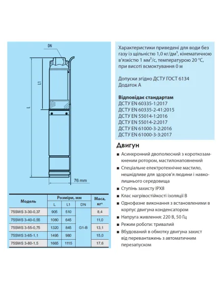 Відцентровий свердловинний насос NPO 75SWS 3-30-0,37 1.38 кВт, кабель 2 метри - 3