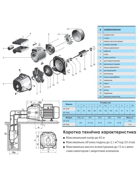 Відцентровий поверхневий насос NPO DP 370A 0.62 кВт, з ежектором - 2