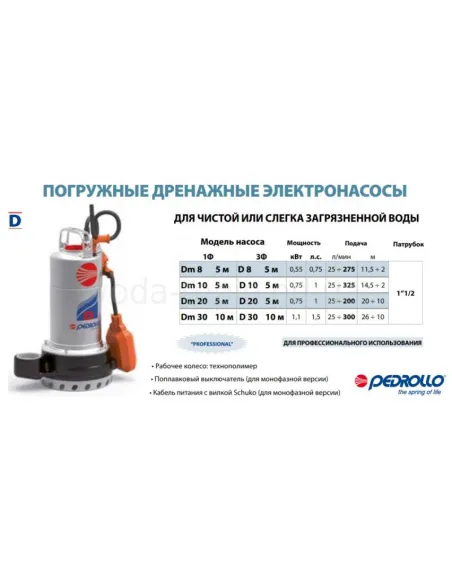 Дренажний насос Pedrollo Dm 20, 0.75 кВт, з вимикачем поплавця - 2