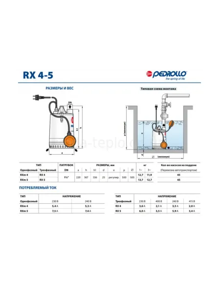 Дренажный насос Pedrollo RX 5, 1.5 кВт, с поплавковым выключателем - 5