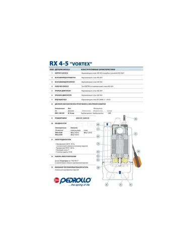 Дренажный насос Pedrollo RX 5/40, 1.5 кВт, с поплавковым выключателем - 4